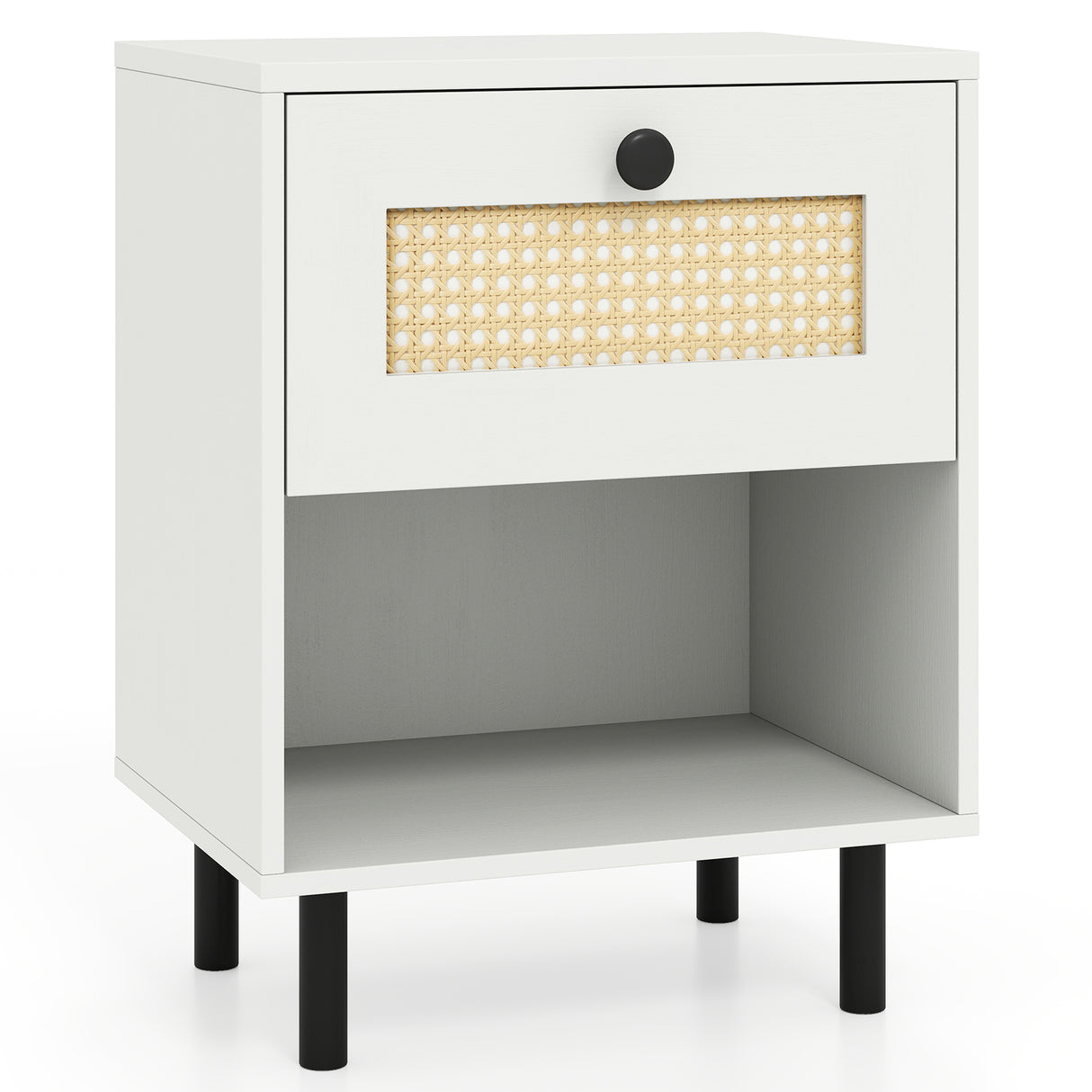Rattan Nightstand Boho End Table with Rattan Drawer and Open Shelf-White