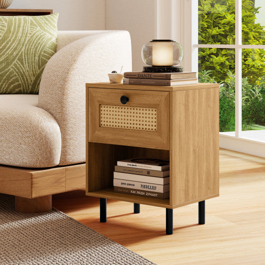 Rattan Nightstand Boho End Table with Rattan Drawer and Open Shelf-Natural