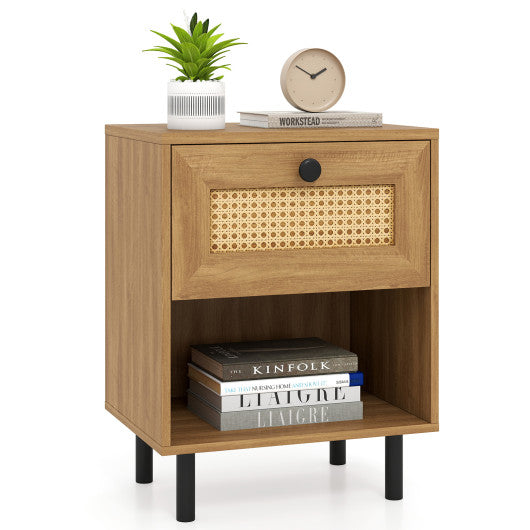 Rattan Nightstand Boho End Table with Rattan Drawer and Open Shelf-Natural