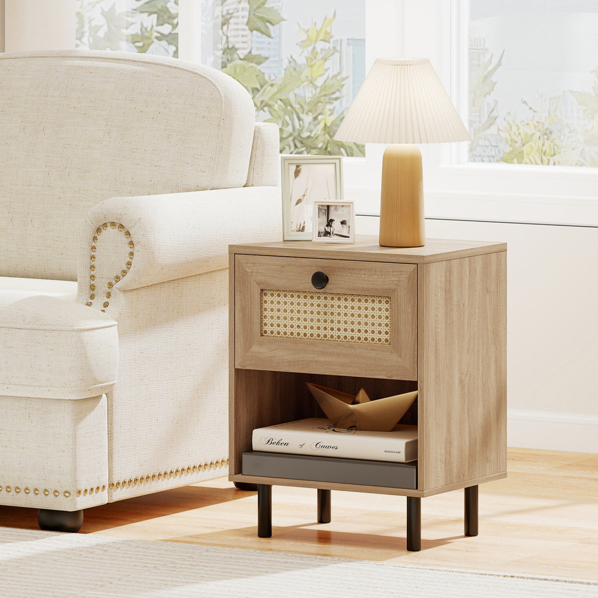 Rattan Nightstand Boho End Table with Rattan Drawer and Open Shelf Set of 2-Natural