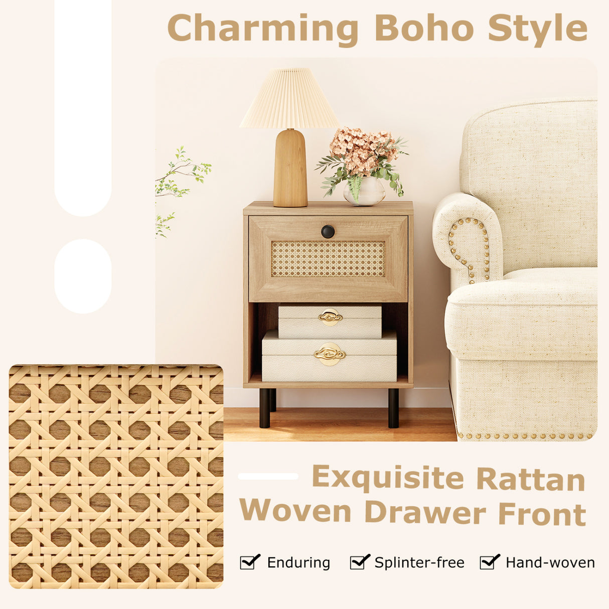 Rattan Nightstand Boho End Table with Rattan Drawer and Open Shelf Set of 2-Natural