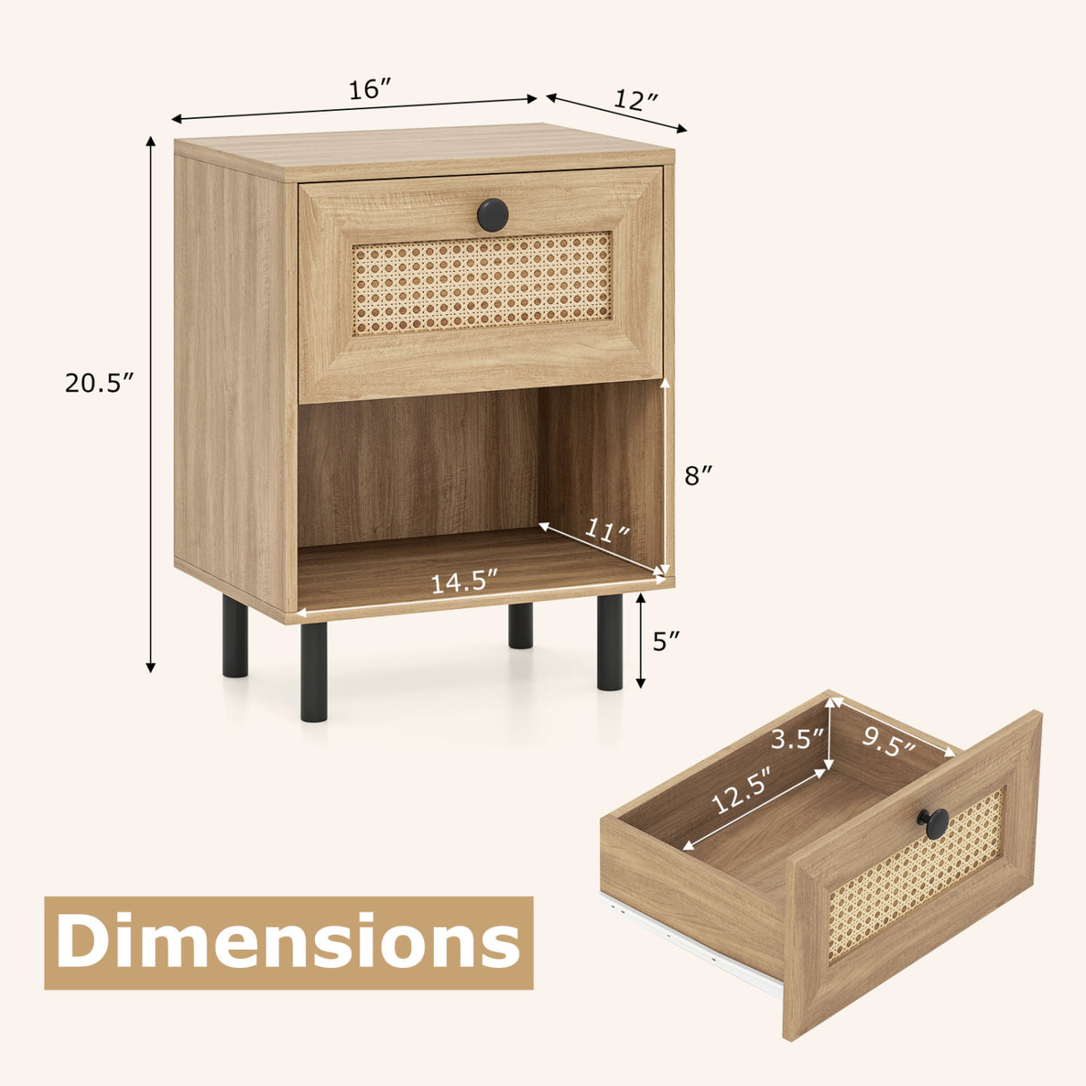 Rattan Nightstand Boho End Table with Rattan Drawer and Open Shelf Set of 2-Natural