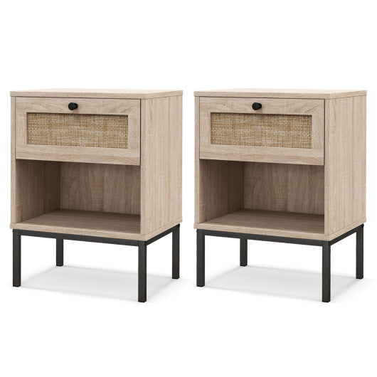 Rattan Nightstand Boho End Table with Rattan Drawer and Open Shelf Set of 2-Oak