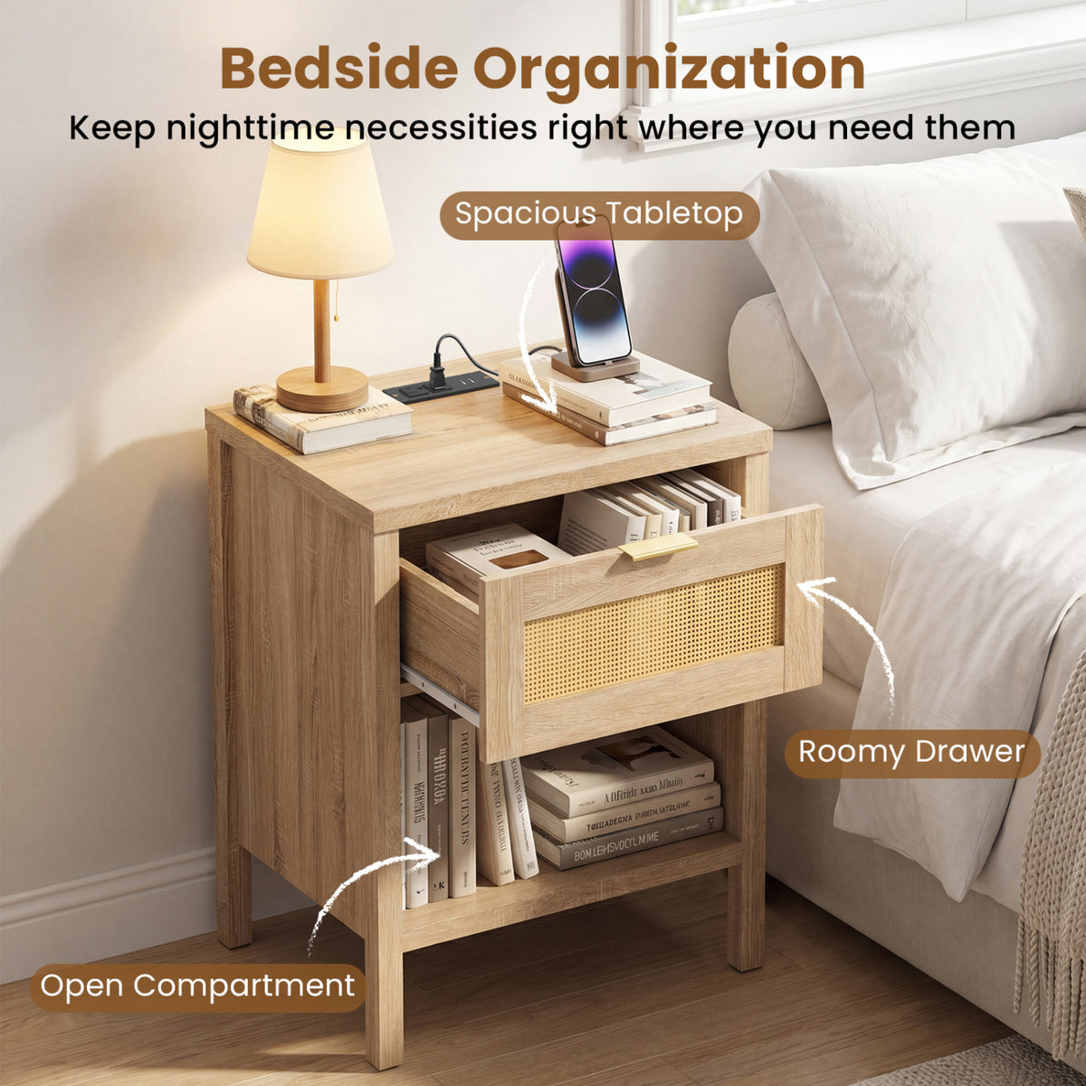 Rattan Nightstand with Charging Station and Storage Shelf for Bedroom-Oak