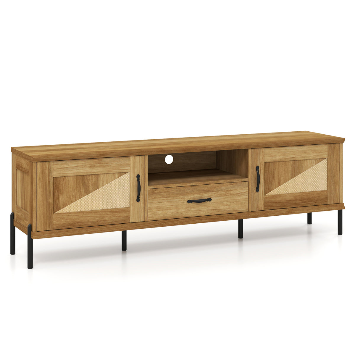 Rattan TV Stand for TVs up to 80" Mid Century Modern Media Console Table with 2 Storage Cabinets-Natural