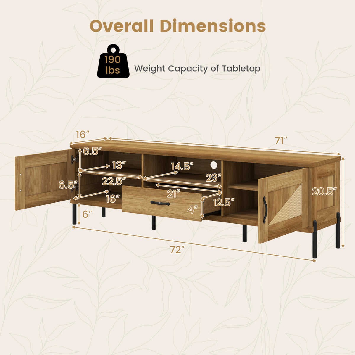 Rattan TV Stand for TVs up to 80" Mid Century Modern Media Console Table with 2 Storage Cabinets-Natural