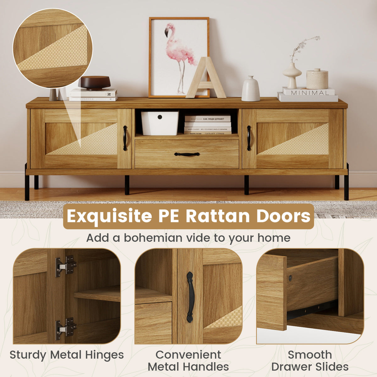 Rattan TV Stand for TVs up to 80" Mid Century Modern Media Console Table with 2 Storage Cabinets-Natural