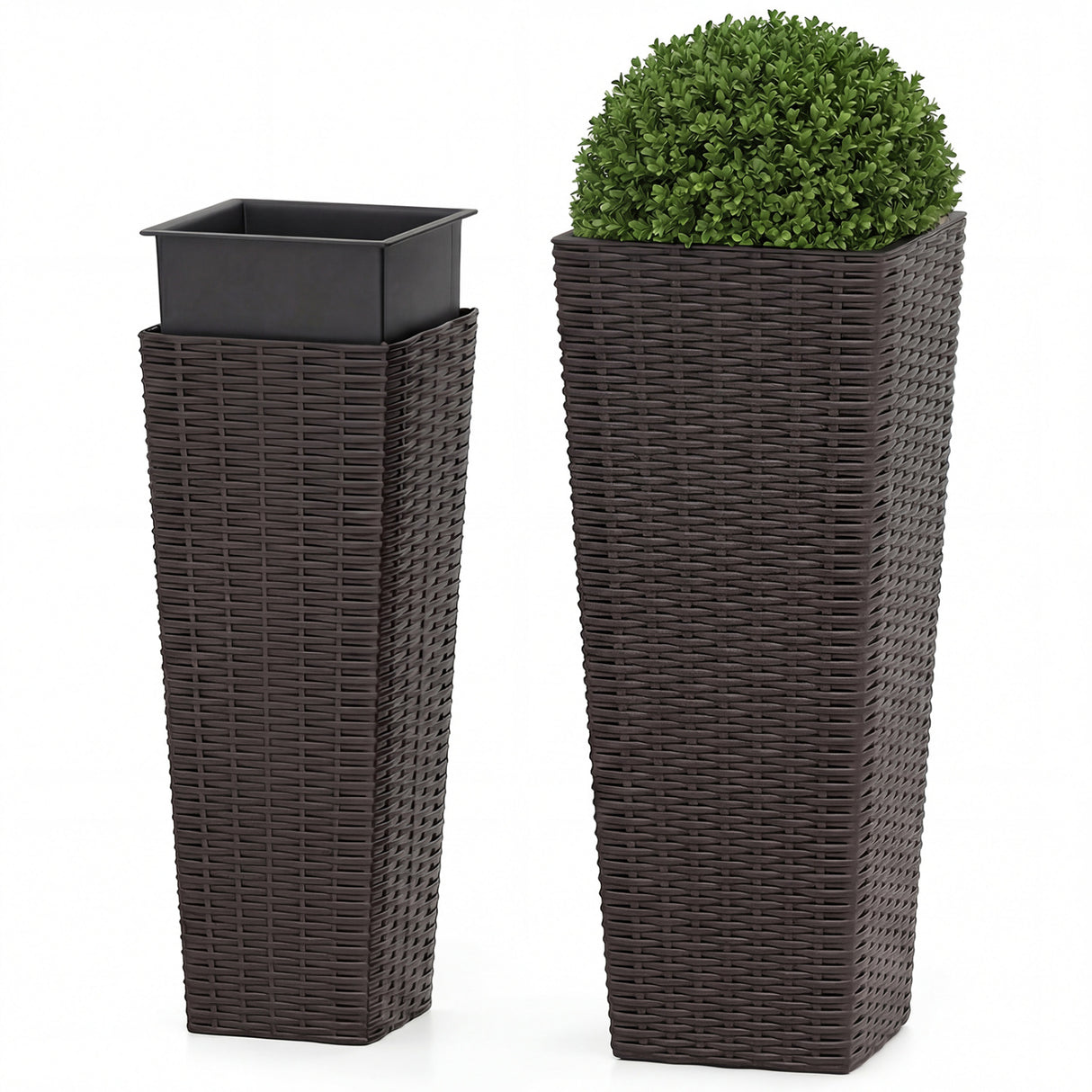 Rattan Tall Planter Set of 2 Outdoor Large Tapered Planters with Removable Inner Trays-Brown