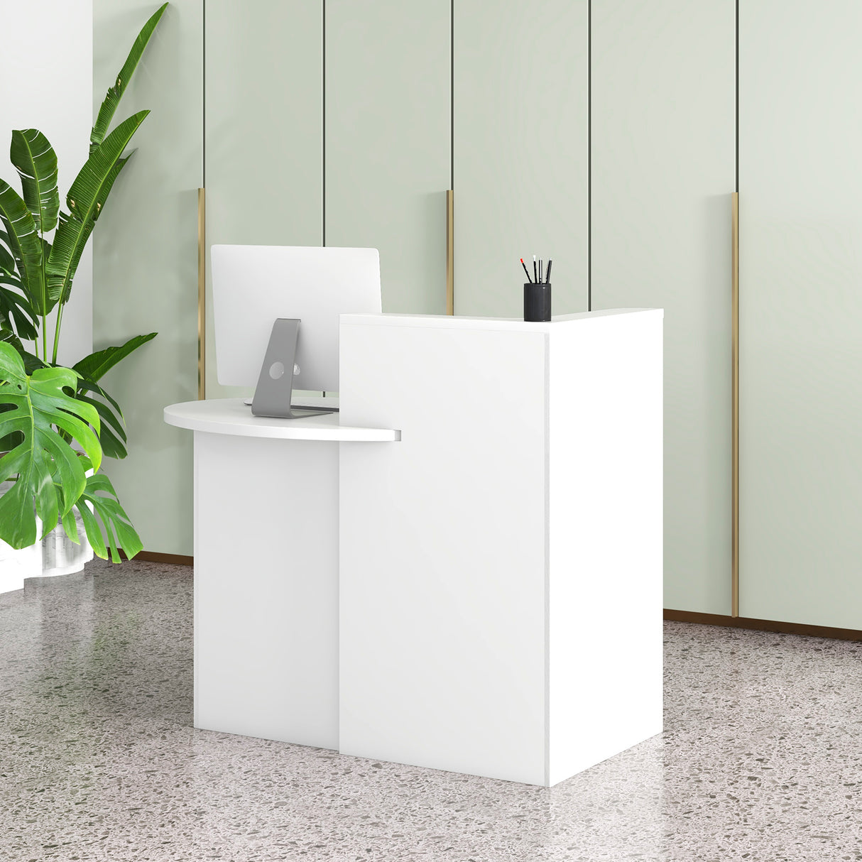Reception Office Desk with Open Shelf and Lockable Drawer-White