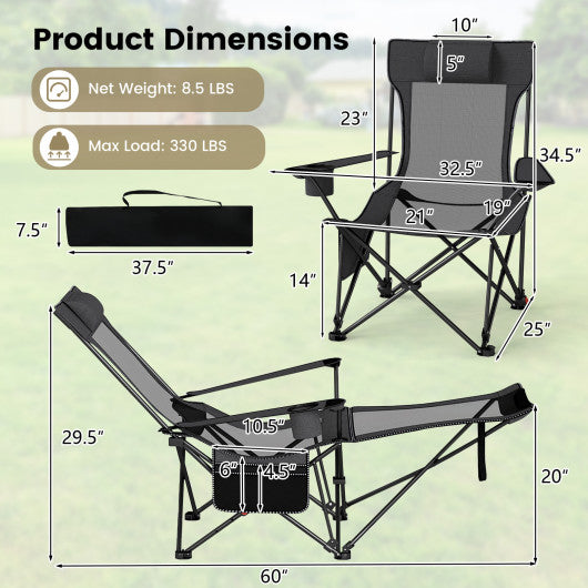 Reclining Camping Chair with Removable Footrest and Adjustable Backrest-Gray