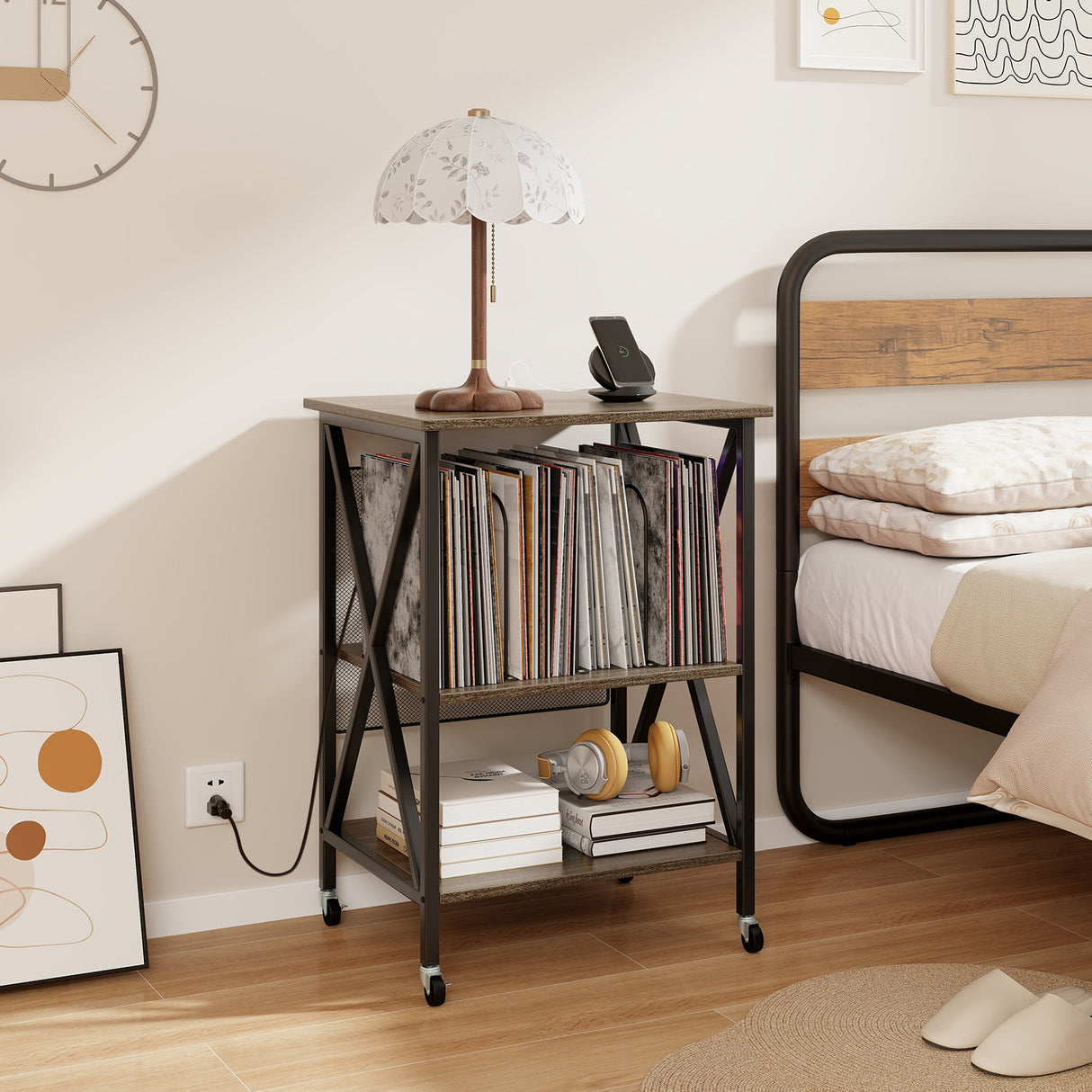 Mid-Century Record Player Stand with Built-in Charging Station-Gray