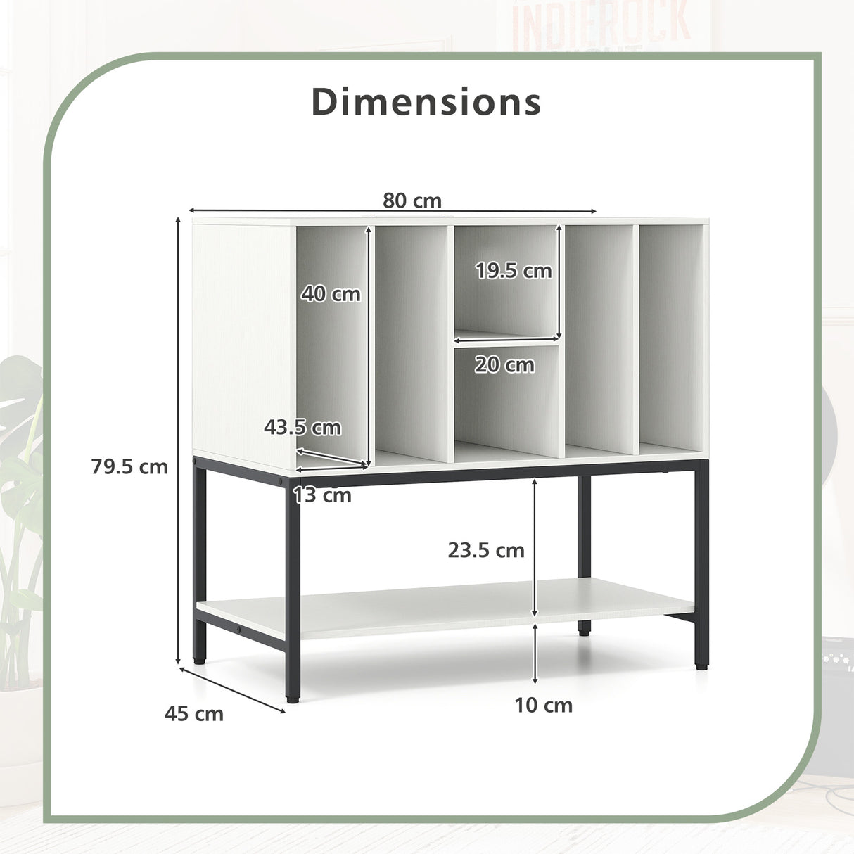 Record Player Stand with Charging Station and Metal Frame-White