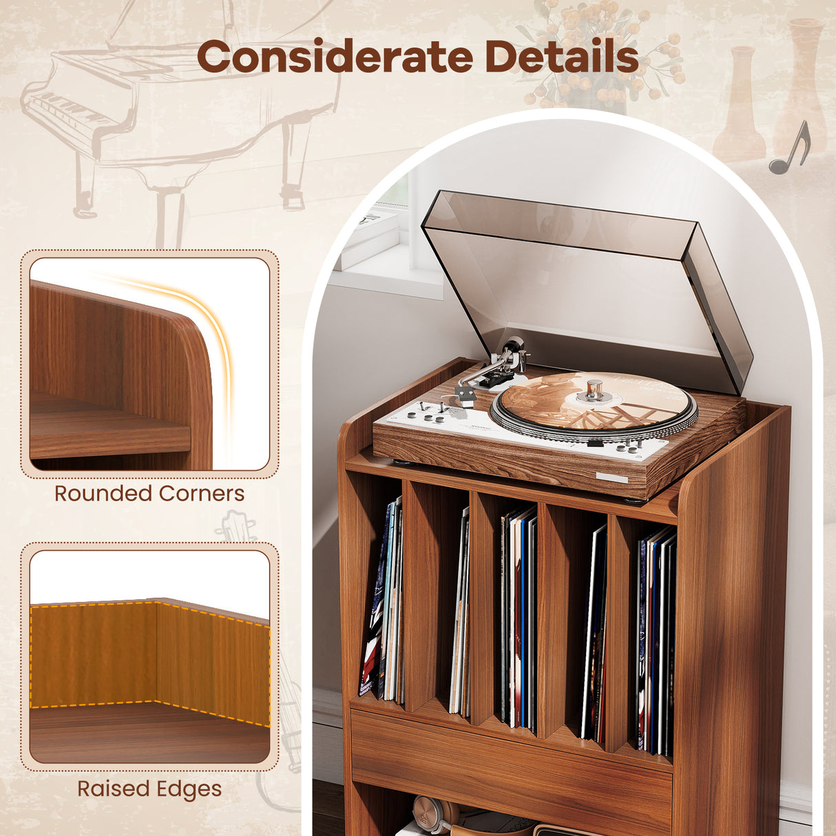 Record Player Stand Turntable Stand with Drawer and Record Holder-Walnut