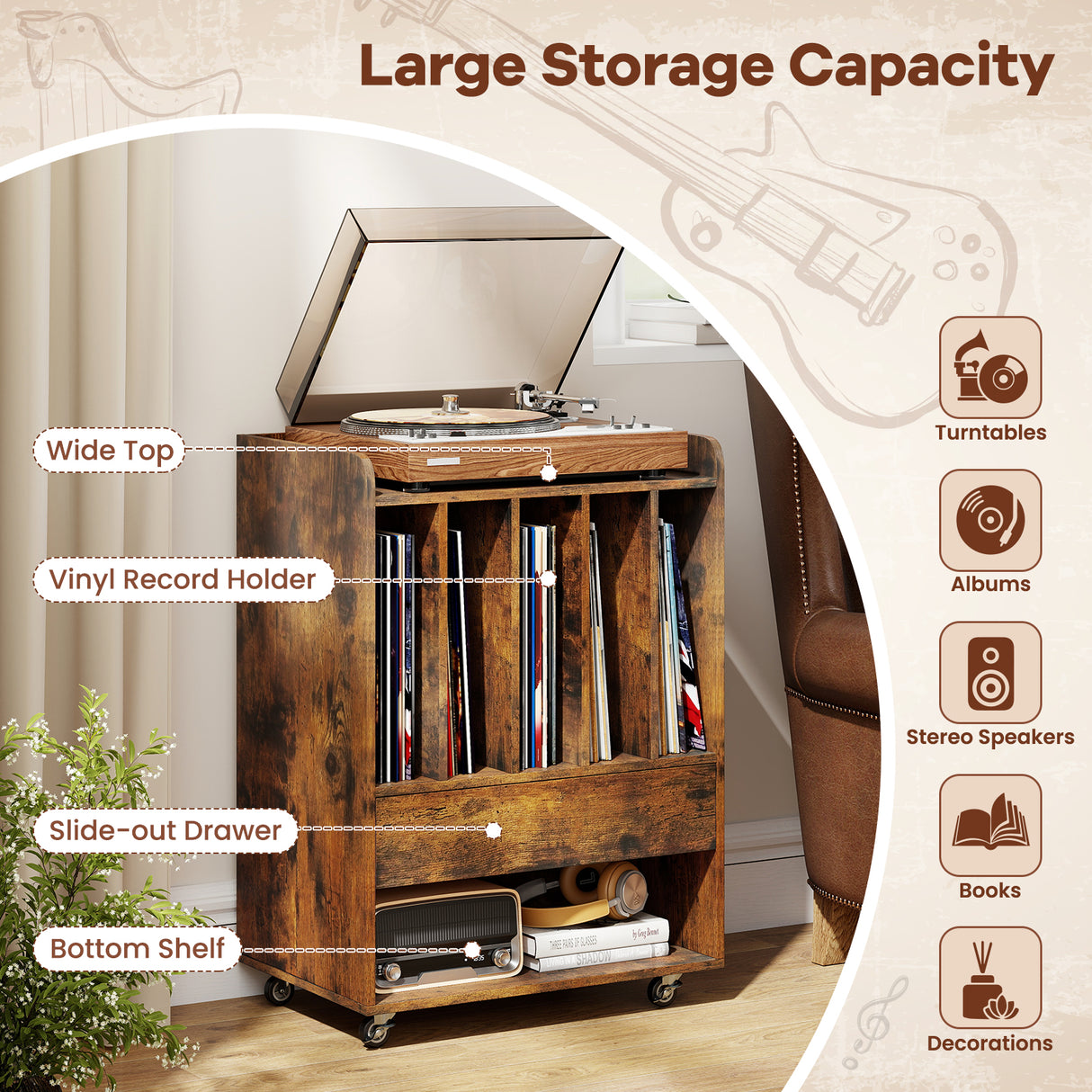Record Player Stand Turntable Stand with Drawer and Record Holder-Brown