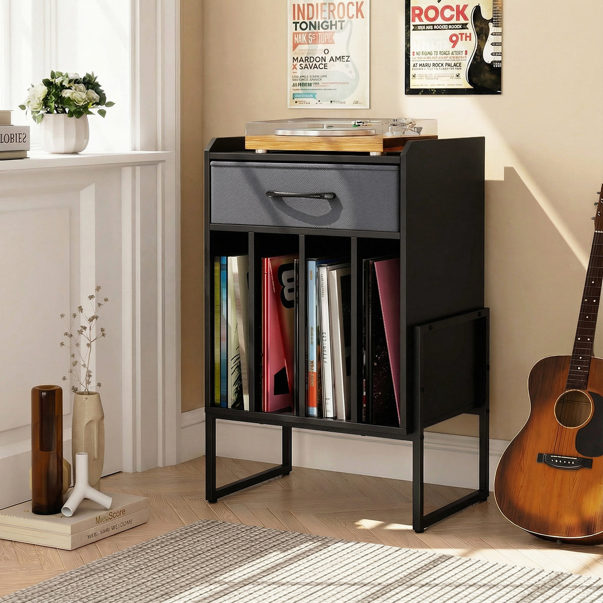 Record Player Stand with Drawer and Record Holder-Black