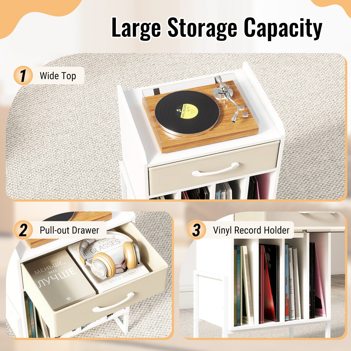 Record Player Stand with Drawer and Record Holder-White