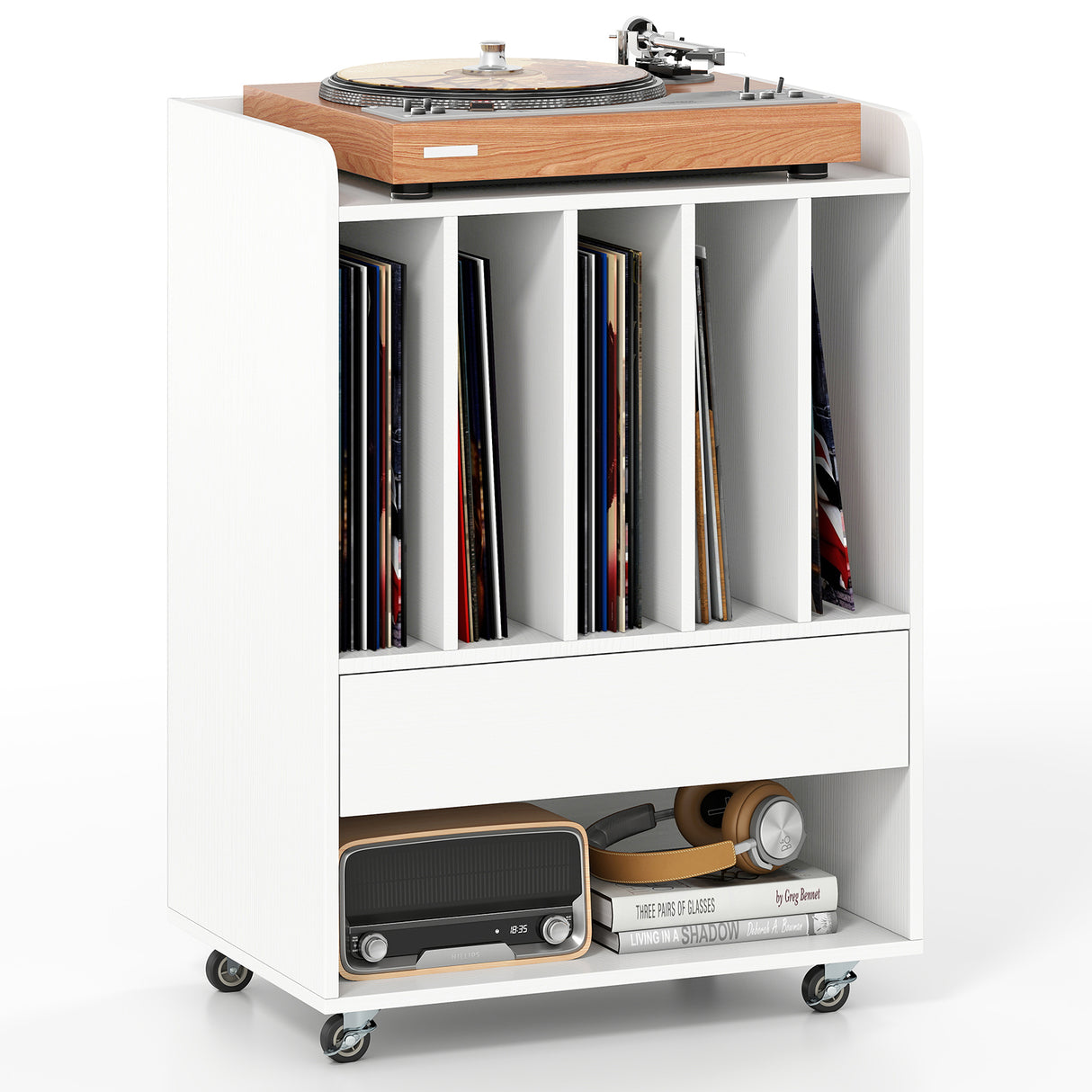Record Player Stand Turntable Stand with Drawer and Record Holder-White