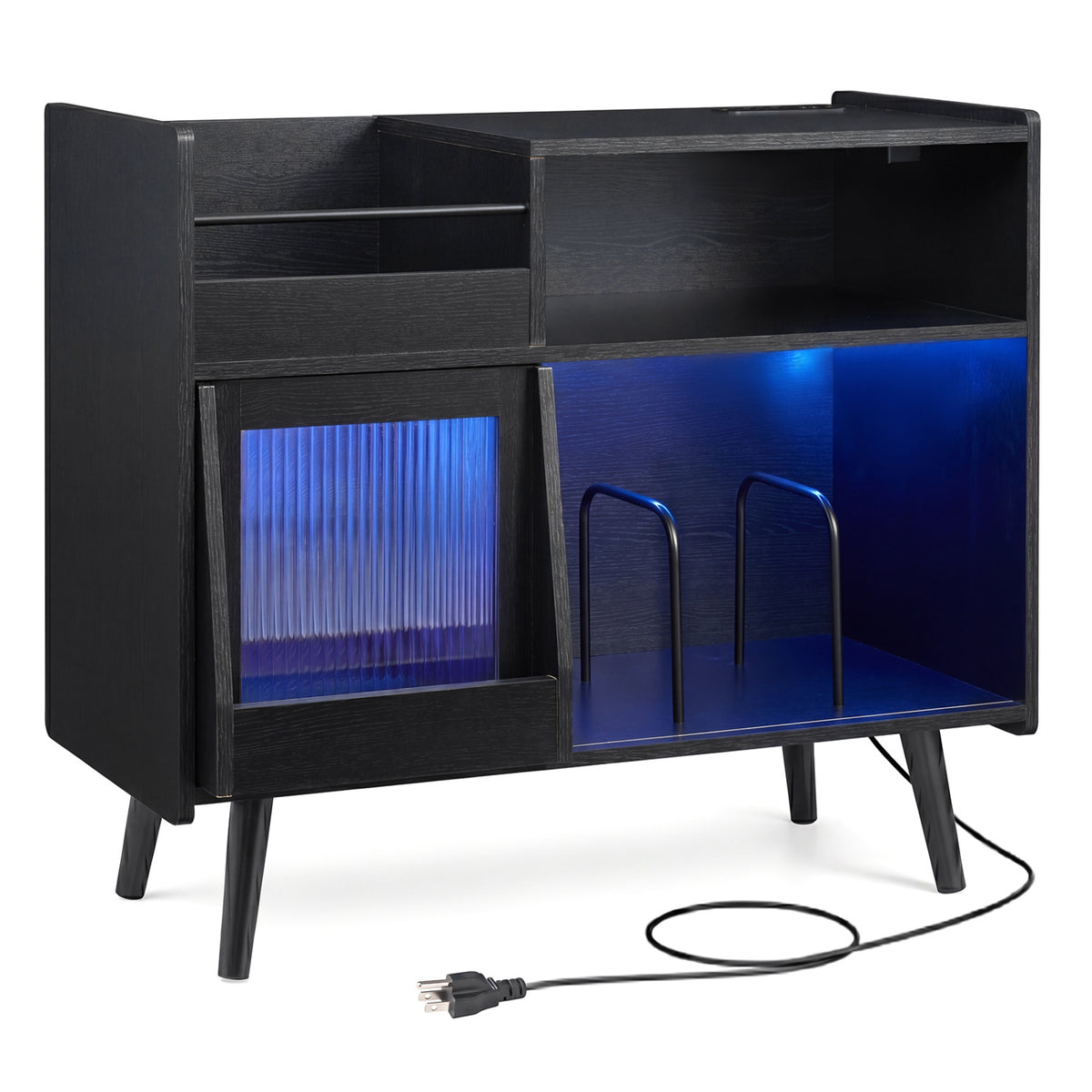 Record Player Stand with LED Light and Power Outlets-Black