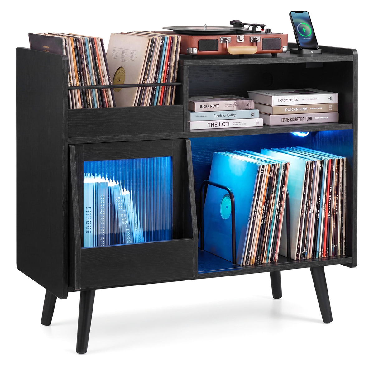 Record Player Stand with LED Light and Power Outlets-Black