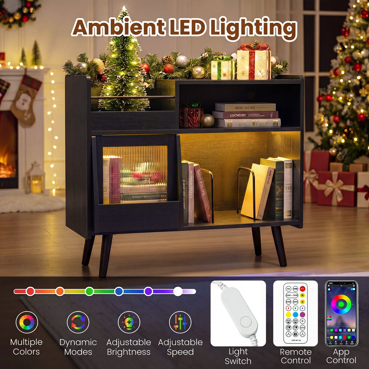 Record Player Stand with LED Light and Power Outlets-Black