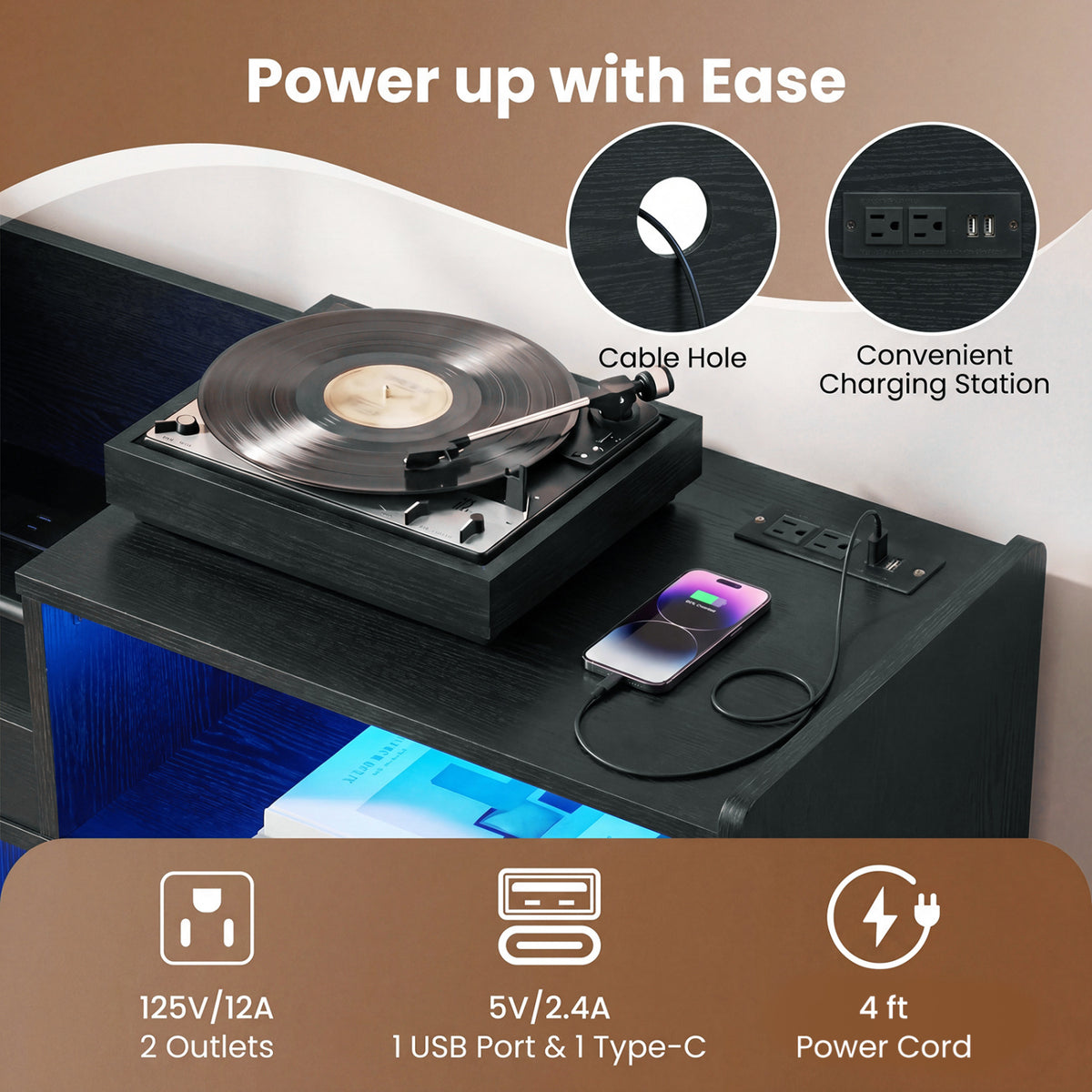 Record Player Stand with LED Light and Power Outlets-Black