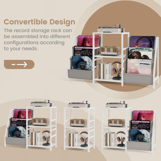 Record Player Stand for up to 200 Albums Turntable Display Stand with 3 Shelves-White