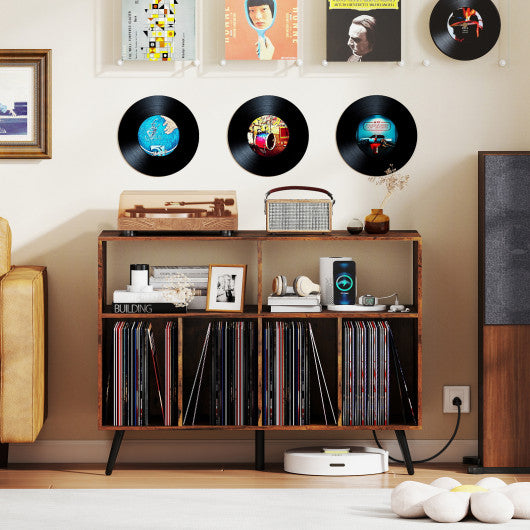 Record Player Stand with Charging Station and Open Shelves-Rustic Brown