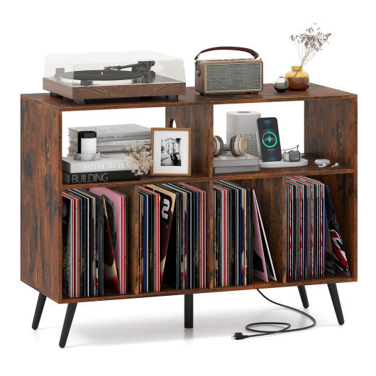 Record Player Stand with Charging Station and Open Shelves-Rustic Brown
