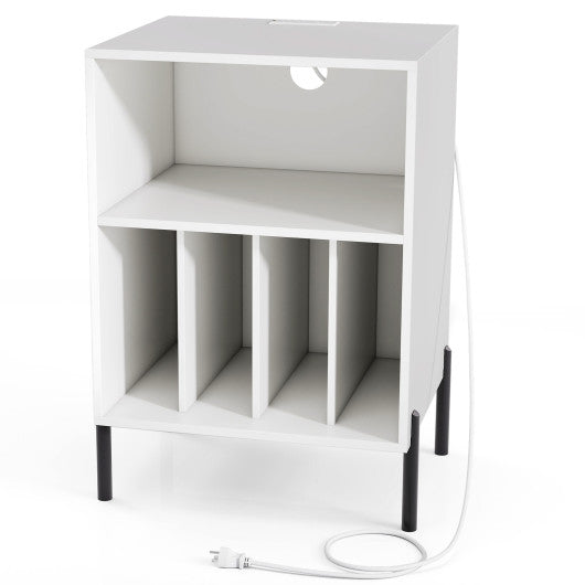 Record Player Stand with Record Storage Shelf and Charging Station-White