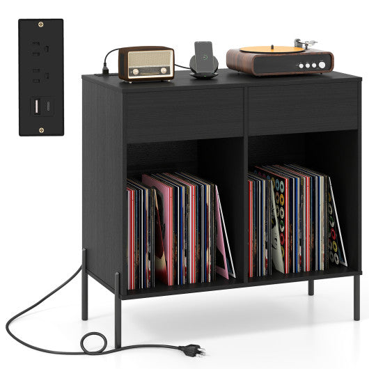 Record Player Stand with Power Outlets Double Wide Turntable Stand Vinyl Record Storage Table-Black