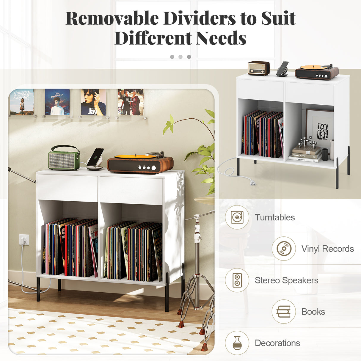 Record Player Stand with Power Outlets Double Wide Turntable Stand Vinyl Record Storage Table-White
