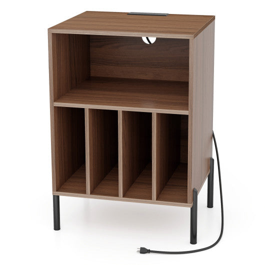 Record Player Stand with Record Storage Shelf and Charging Station-Walnut