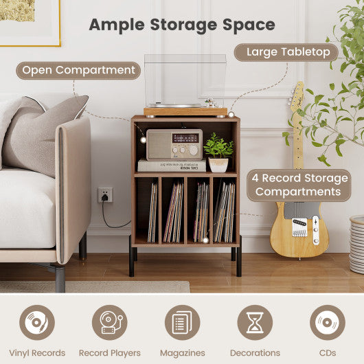 Record Player Stand with Record Storage Shelf and Charging Station-Walnut