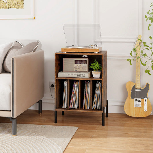 Record Player Stand with Record Storage Shelf and Charging Station-Coffee