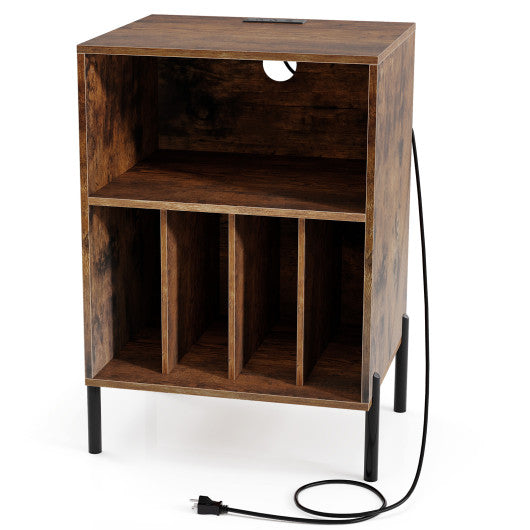 Record Player Stand with Record Storage Shelf and Charging Station-Coffee