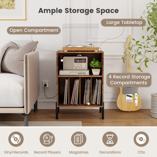 Record Player Stand with Record Storage Shelf and Charging Station-Coffee