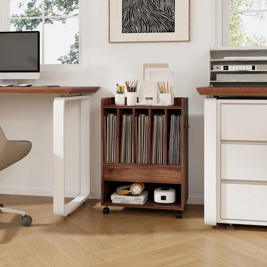 Record Rolling Turntable Player Stand with Drawer-Brown