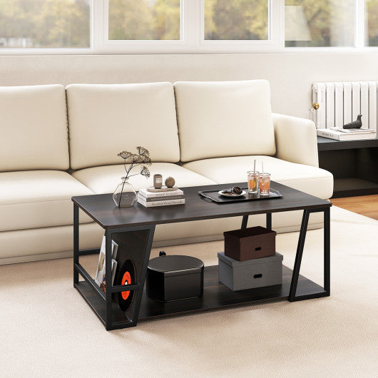 Rectangle Coffee Table 2-tier Industrial Accent Table with Storage Shelf and Compartment-Brown
