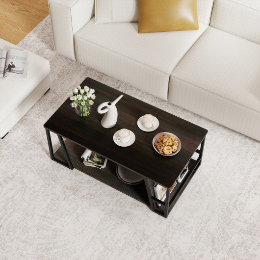 Rectangle Coffee Table 2-tier Industrial Accent Table with Storage Shelf and Compartment-Brown