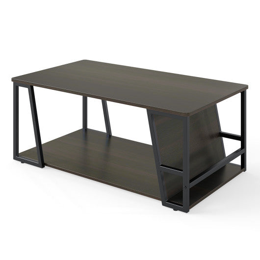 Rectangle Coffee Table 2-tier Industrial Accent Table with Storage Shelf and Compartment-Brown