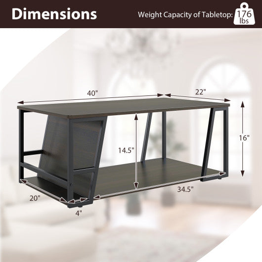 Rectangle Coffee Table 2-tier Industrial Accent Table with Storage Shelf and Compartment-Brown