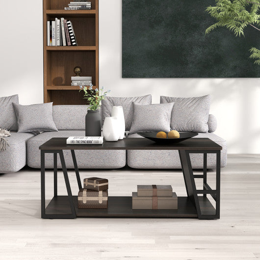 Rectangle Coffee Table 2-tier Industrial Accent Table with Storage Shelf and Compartment-Brown