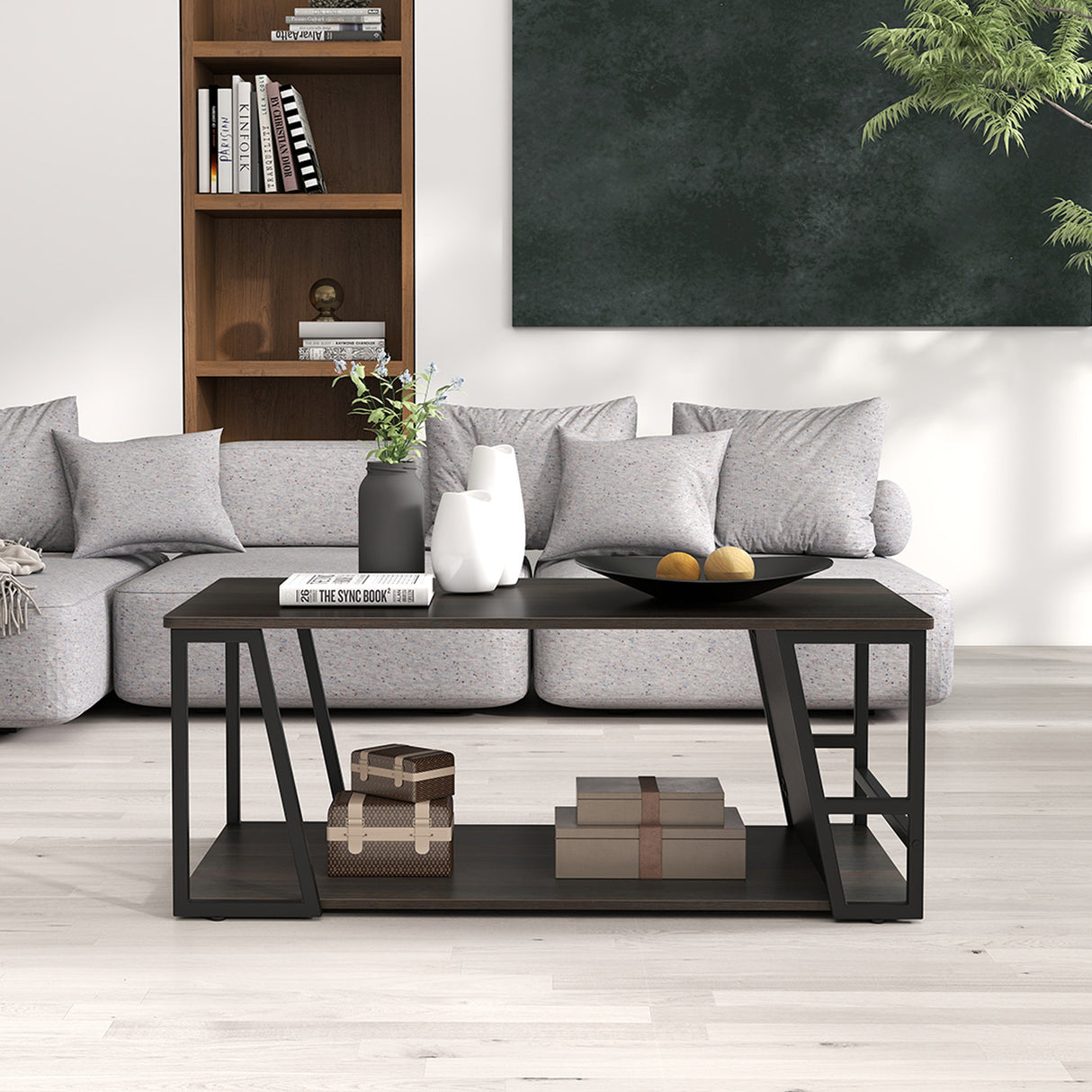 Rectangle Coffee Table 2-tier Industrial Accent Table with Storage Shelf and Compartment-Brown