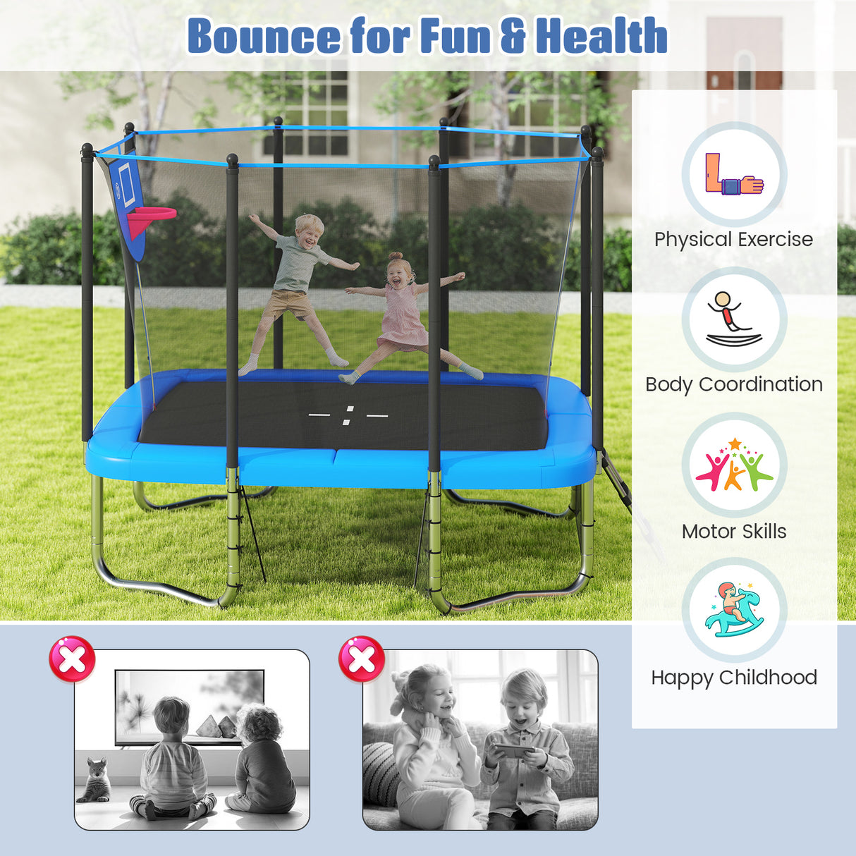 Rectangle Outdoor Trampoline 10 x 8 FT Heavy-Duty Trampoline with Basketball Hoop-Blue