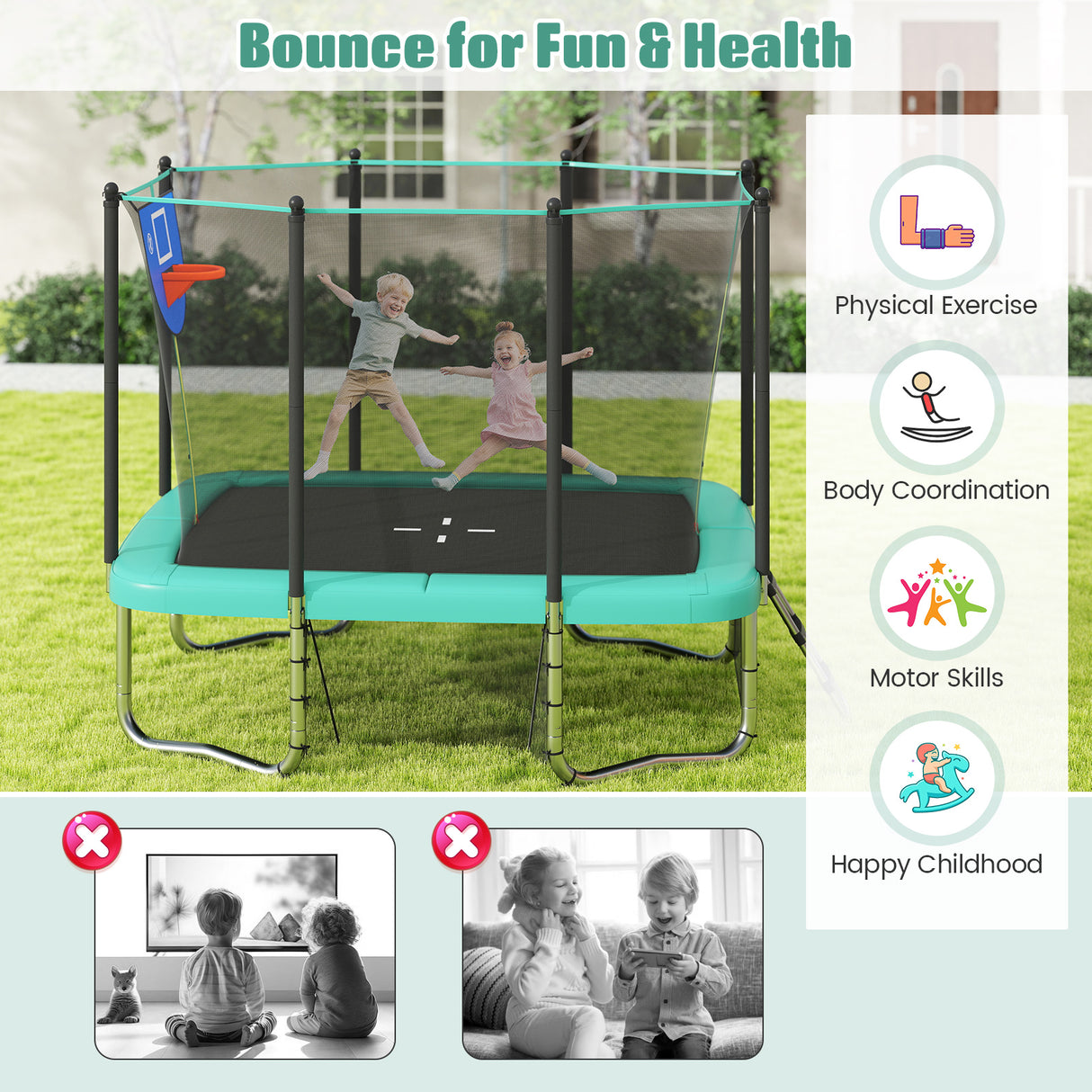 Rectangle Outdoor Trampoline 10 x 8 FT Heavy-Duty Trampoline with Basketball Hoop-Green
