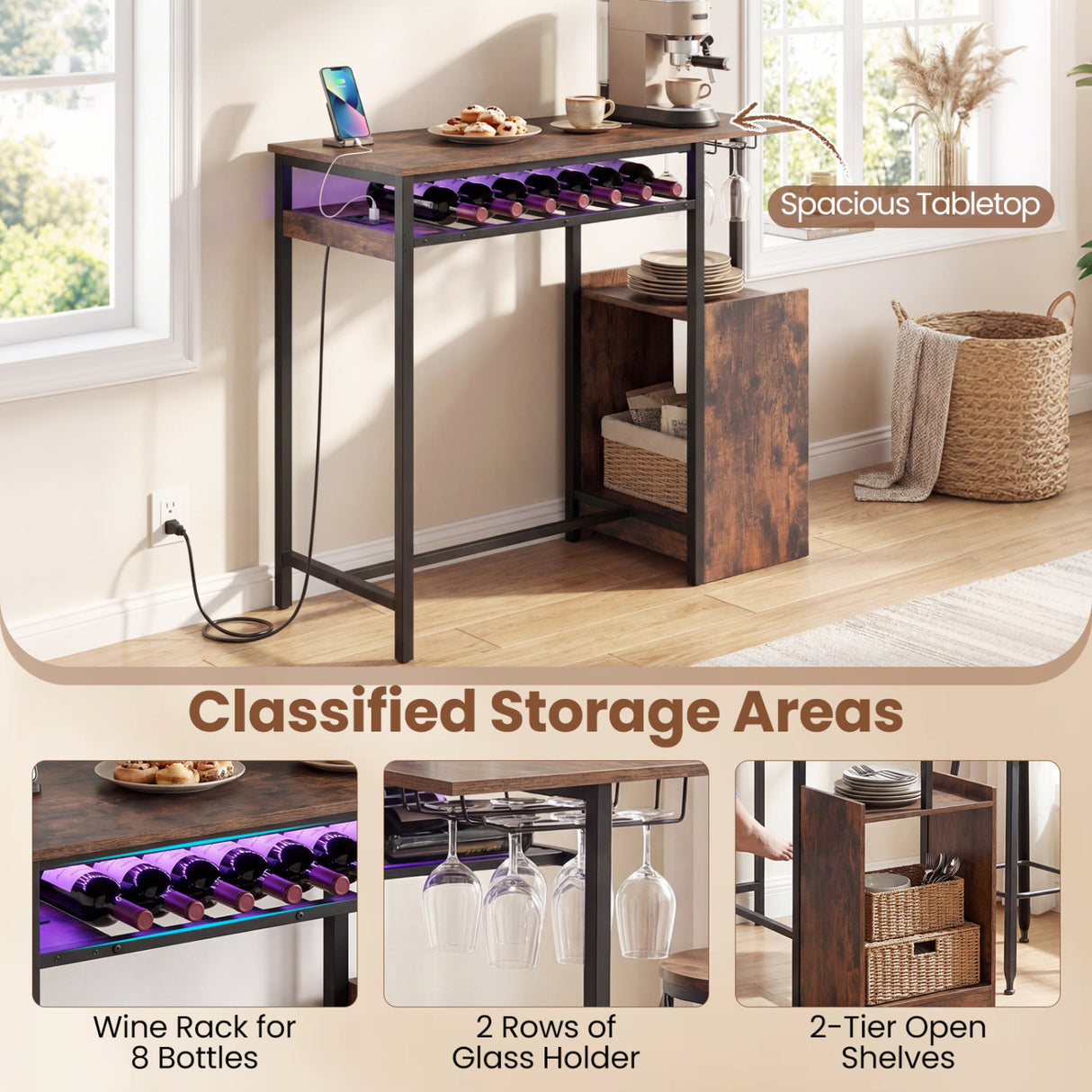 Rectangular Bar Table with Charging Station and LED Light-Rustic Brown