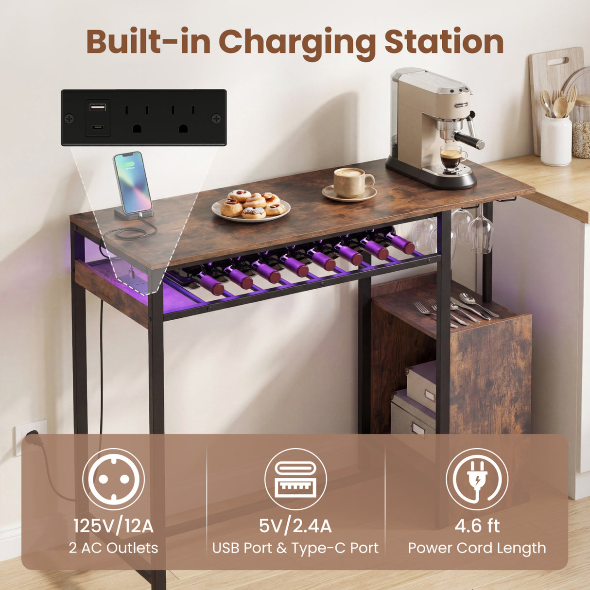 Rectangular Bar Table with Charging Station and LED Light-Rustic Brown