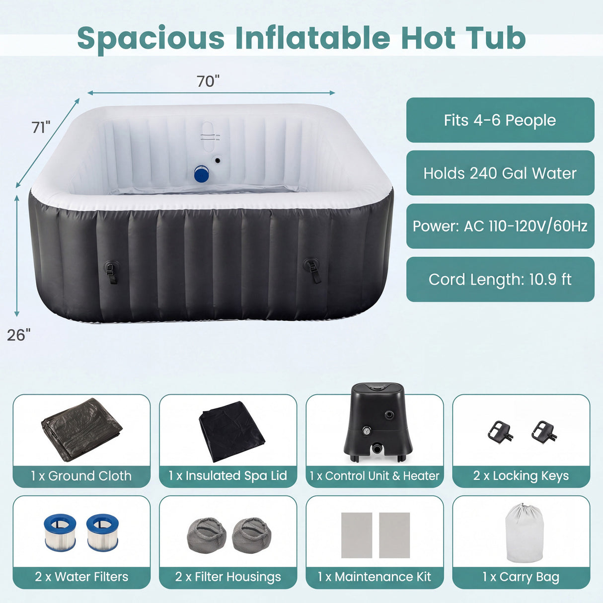Rectangular Blowup Pool Hottub with 130 Air Jets for 4-6 Person-Black