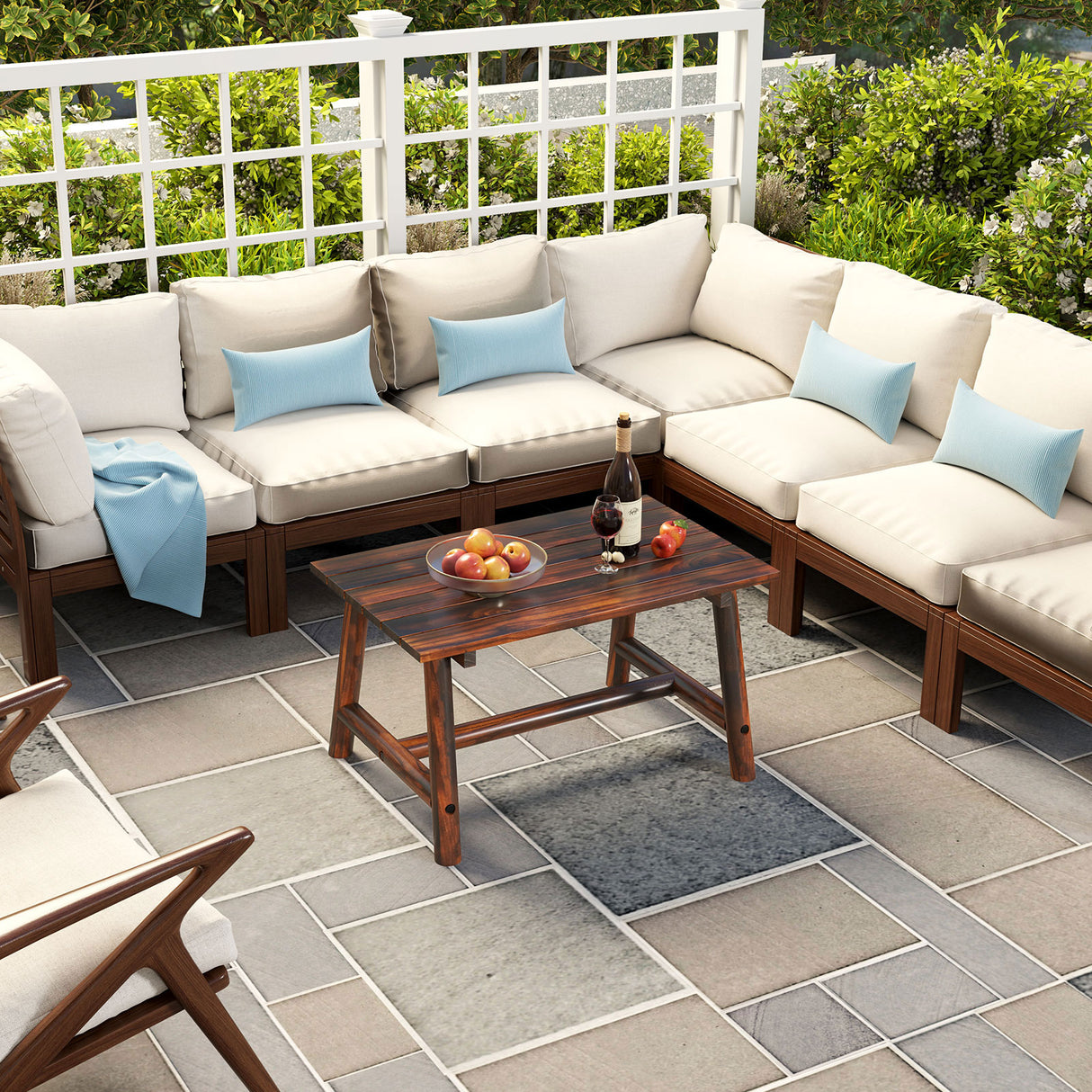 Solid Wood Patio Table with Slatted Tabletop for Garden Lawn Porch Balcony Poolside Living Room-Brown