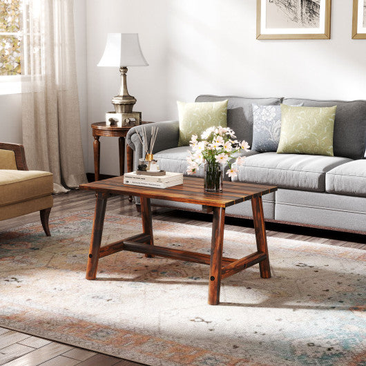 Solid Wood Patio Table with Slatted Tabletop for Garden Lawn Porch Balcony Poolside Living Room-Brown